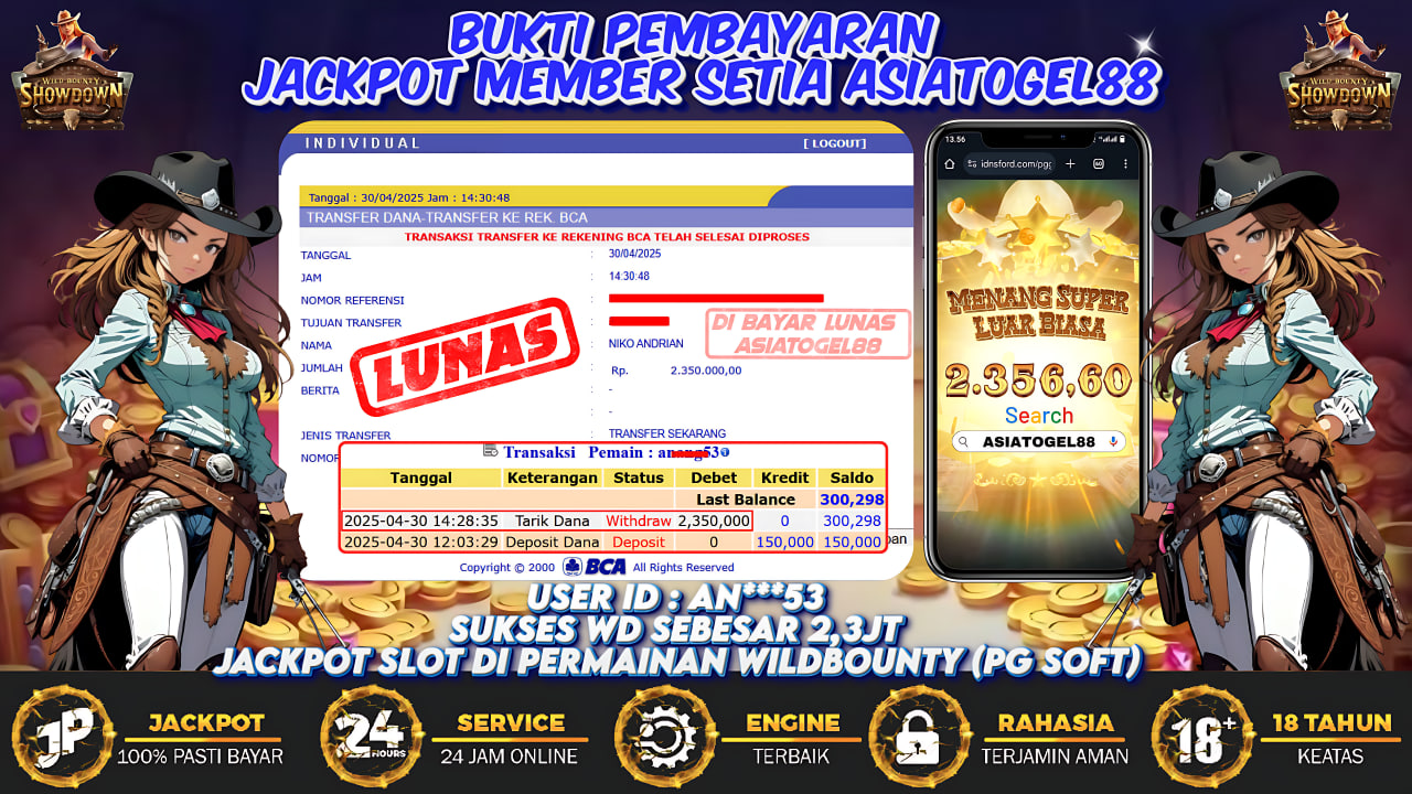 Selamat Atas Kemenangan Besar nya USER ID : AN***53 !! WD Sebesar Rp 2.350.000 (DUA JUTA TIGA RATUS LIMA PULUH RIBU RUPIAH ) JACKPOT SLOT DI PERMAINAN WILD BOUNTY- PG SOFT !!