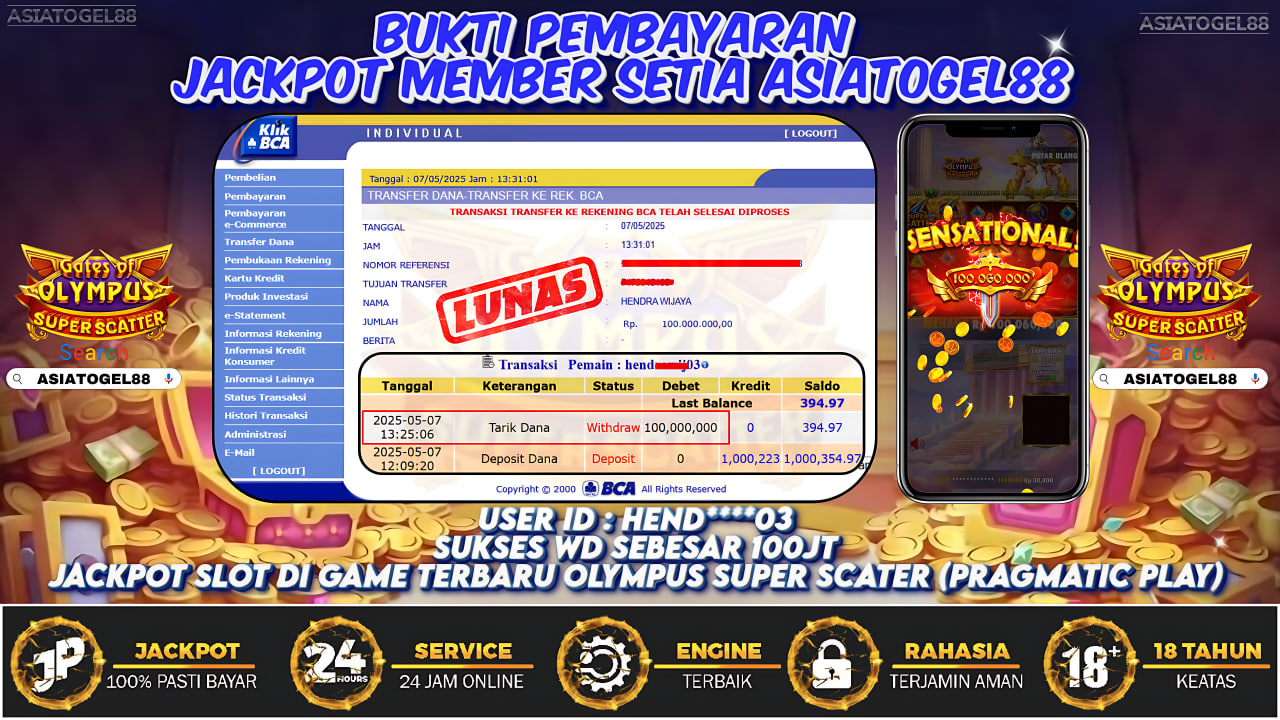 Selamat Atas Kemenangan Besar nya USER ID : HEN*****03 !! WD Sebesar Rp 100.000.000 (SERATUS JUTA RUPIAH ) JACKPOT SLOT DI PERMAINAN GATES OF OLYMPUS SUPER SCATTER - PRAGMATIC PLAY !!