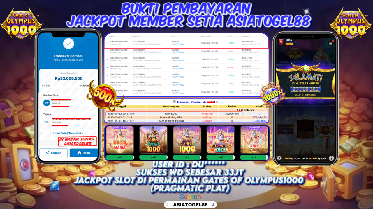 Selamat Atas Kemenangan Besar nya USER ID : DU***** !! WD Sebesar Rp 33.000.000 (TIGA PULUH TIGA JUTA RUPIAH ) JACKPOT SLOT DI PERMAINAN GATES OF OLYMPUS1000 - PRAGMATIC PLAY !!