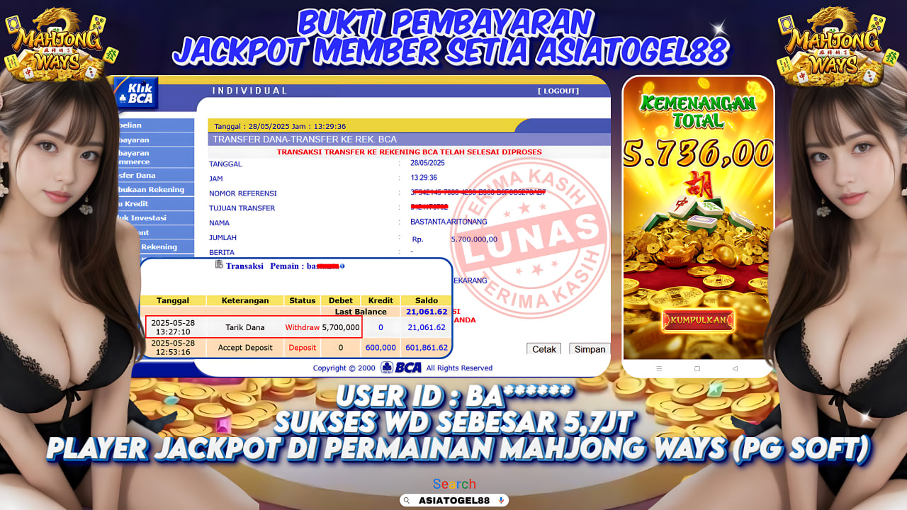 Selamat Atas Kemenangan Besar nya USER ID : BA******** !! WD Sebesar Rp 5.700.000 (LIMA JUTA TUJUH RATUS RIBU RUPIAH ) JACKPOT SLOT DI PERMAINAN MAHJONG WAYS- PG SOFT !!