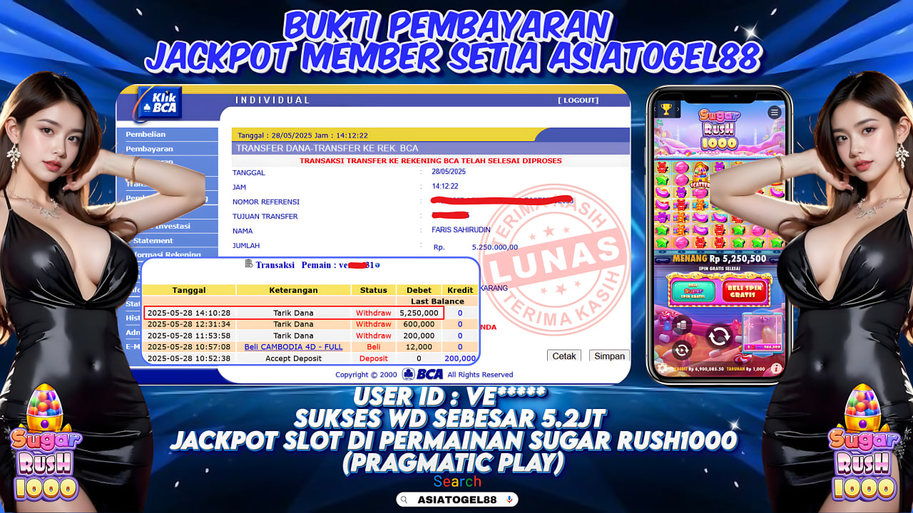 Selamat Atas Kemenangan Besar nya USER ID : VE***** !! WD Sebesar Rp 5.250.000 (LIMA JUTA DUA RATUS LIMA PULUH RIBU RUPIAH ) JACKPOT SLOT DI PERMAINAN SUGAR RUSH1000 - PRAGMATIC PLAY !!