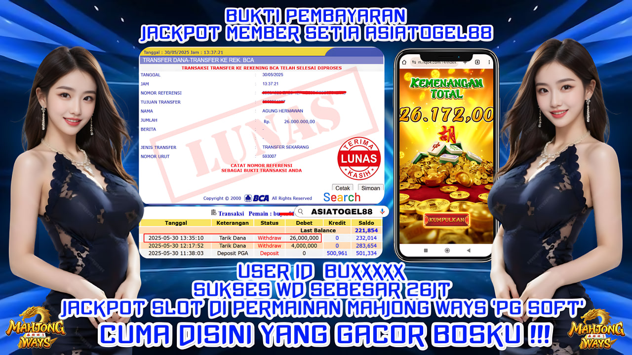 Selamat Atas Kemenangan Besar nya USER ID : BU**** !! WD Sebesar Rp 26.000.000 (DUA PULUH ENAM JUTA RUPIAH ) JACKPOT SLOT DI PERMAINAN MAHJONG WAYS- PG SOFT !!