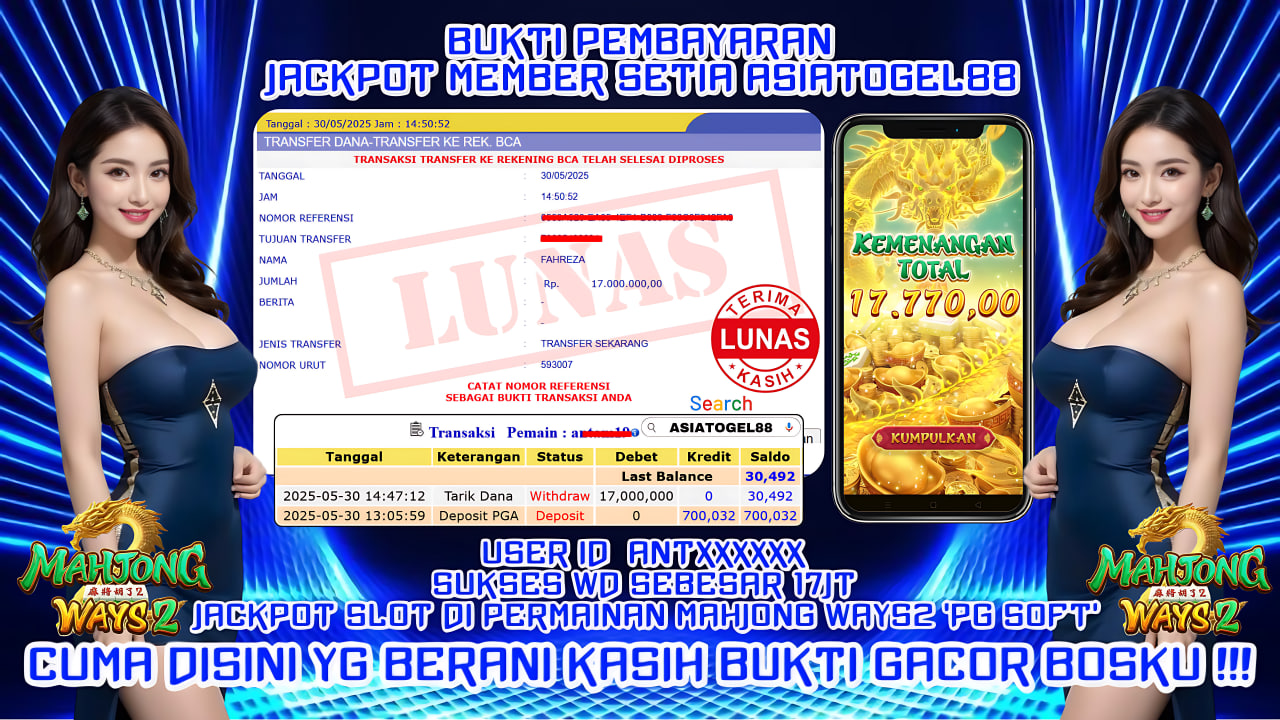Selamat Atas Kemenangan Besar nya USER ID : ANT**** !! WD Sebesar Rp 17.000.000 (TUJUH BELAS JUTA RUPIAH ) JACKPOT SLOT DI PERMAINAN MAHJONG WAYS2- PG SOFT !!