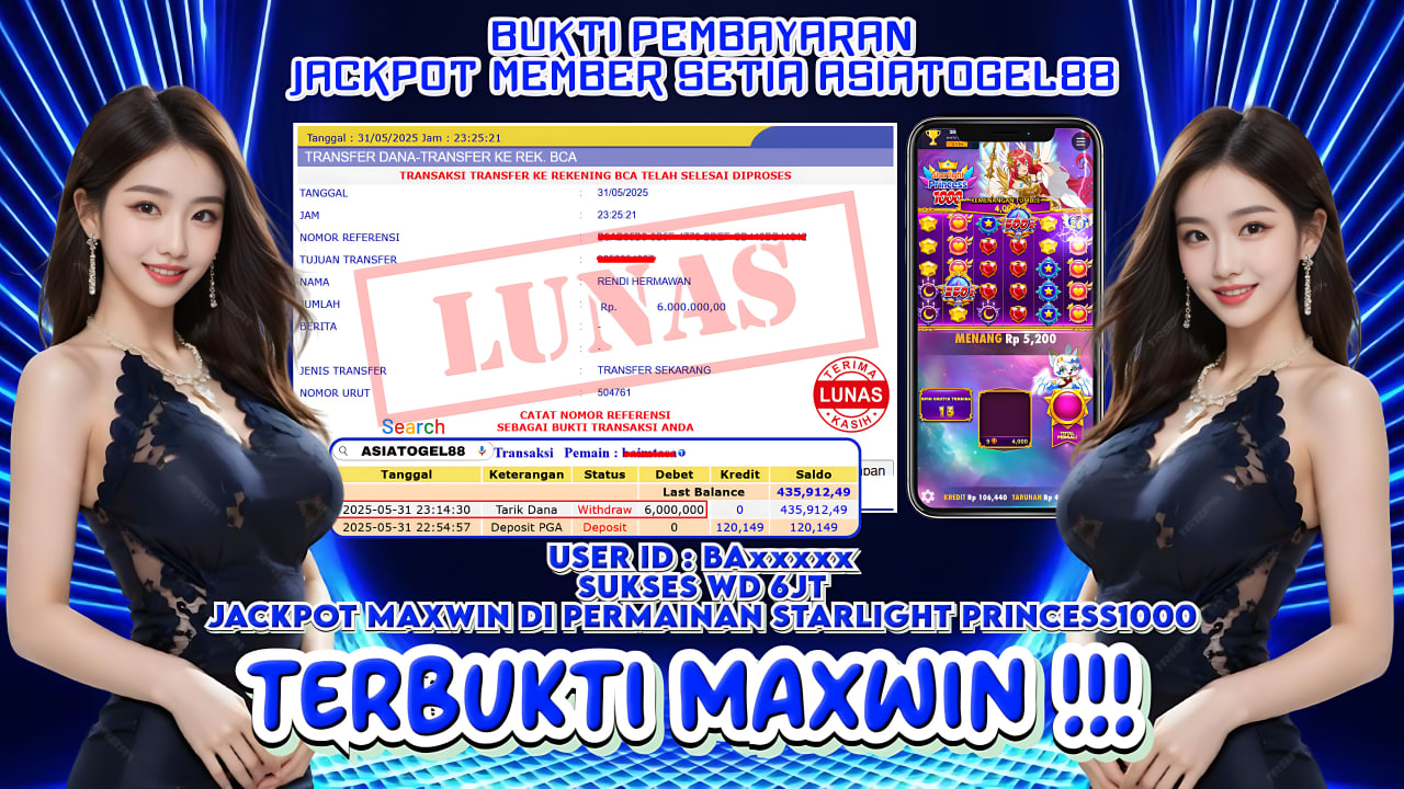 Selamat Atas Kemenangan Besar nya USER ID : BA****** !! WD Sebesar Rp 6.000.000 (ENAM JUTA RUPIAH ) JACKPOT SLOT DI PERMAINAN STARLIGHT PRINCESS1000 - PRAGMATIC PLAY !!