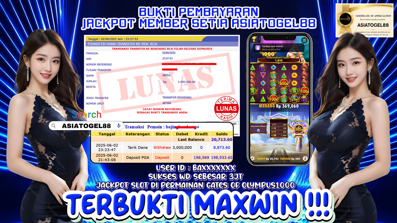 Selamat Atas Kemenangan Besar nya USER ID : BA****** !! WD Sebesar Rp 3.000.000 (TIGA JUTA RUPIAH ) JACKPOT SLOT DI PERMAINAN GATES OF OLYMPUS1000 - PRAGMATIC PLAY !!