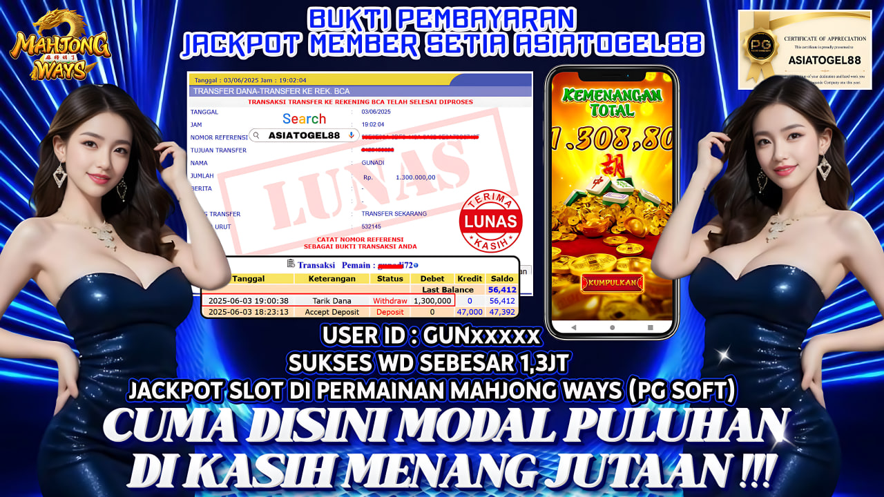 Selamat Atas Kemenangan Besar nya USER ID : GUN**** !! WD Sebesar Rp 1.300.000 (SATU JUTA TIGA RATUS RIBU RUPIAH ) JACKPOT SLOT DI PERMAINAN MAHJONG WAYS- PG SOFT !!