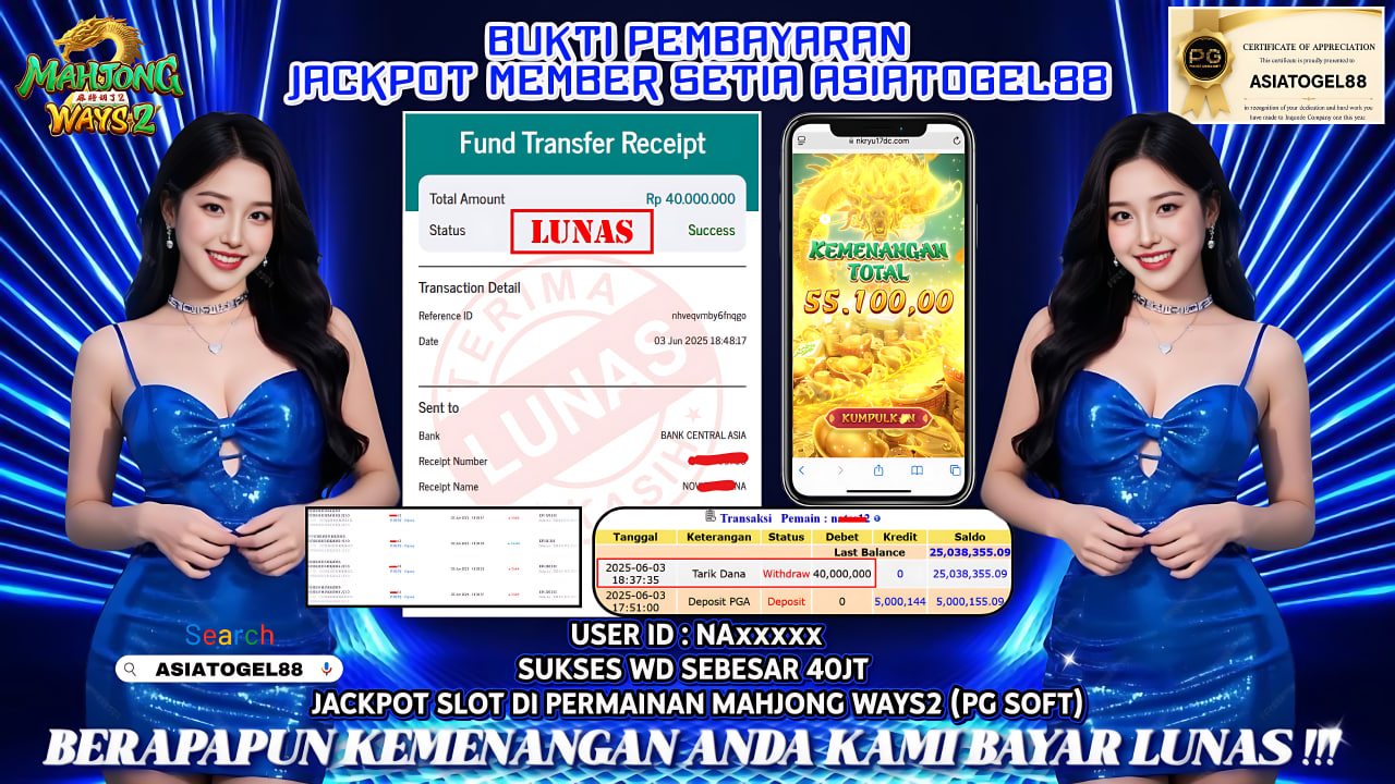 Selamat Atas Kemenangan Besar nya USER ID : NA**** !! WD Sebesar Rp 40.000.000 (EMPAST PULUH JUTA RUPIAH ) JACKPOT SLOT DI PERMAINAN MAHJONG2 WAYS- PG SOFT !!