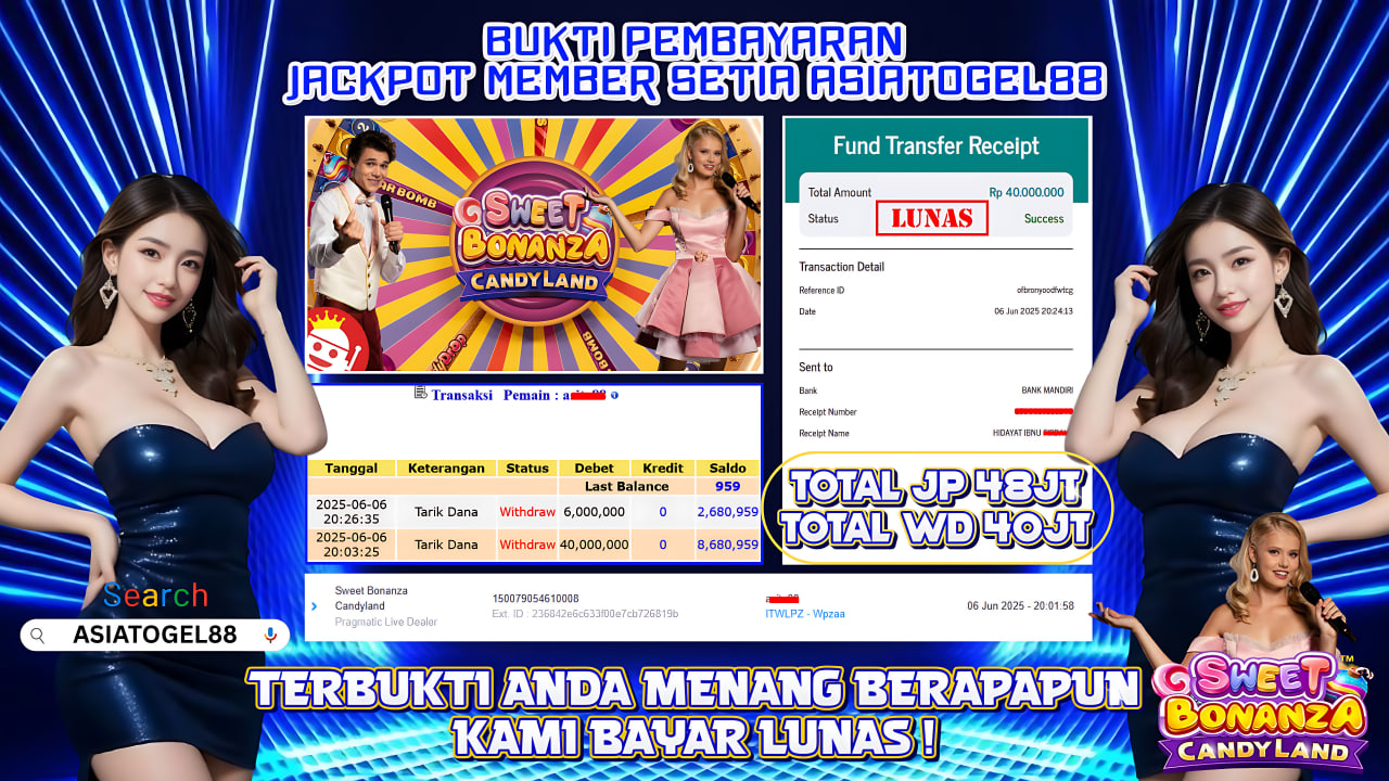 Selamat Atas Kemenangan Besar nya USER ID : AS*** !! WD Sebesar Rp 40.000.000 (EMPAT PULUH JUTA RUPIAH ) JACKPOT LIVE CASINO DI PERMAINAN SWEET BONANZA CANDY LAND (PRAGMATIC LIVE DEALER)!!