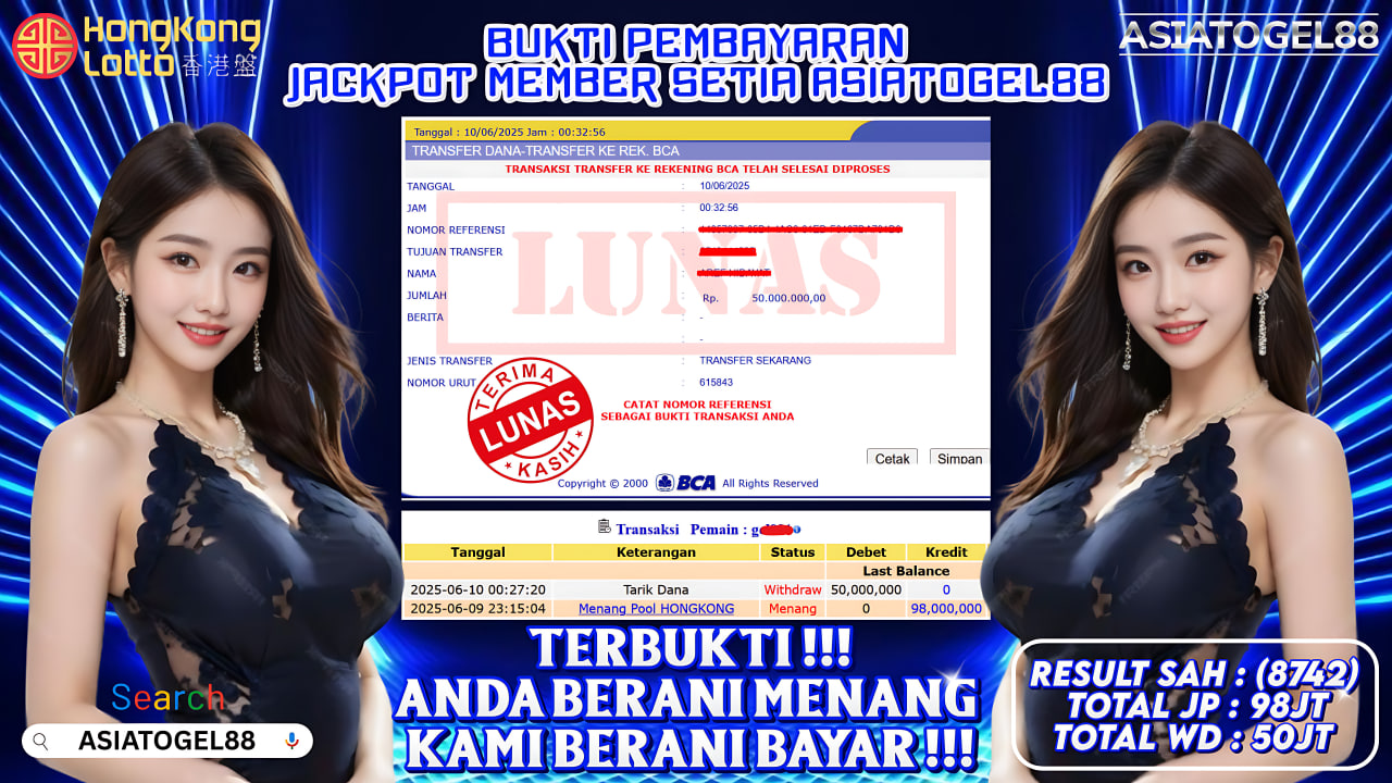 Selamat Atas Kemenangan Besar nya USER ID : GA**** !! WD Sebesar Rp 50.000.000 (LIMA PULUH JUTA RUPIAH ) JACKPOT TOGEL DI PASARAN HONGKONG LOTTO RESULT 8742 !!