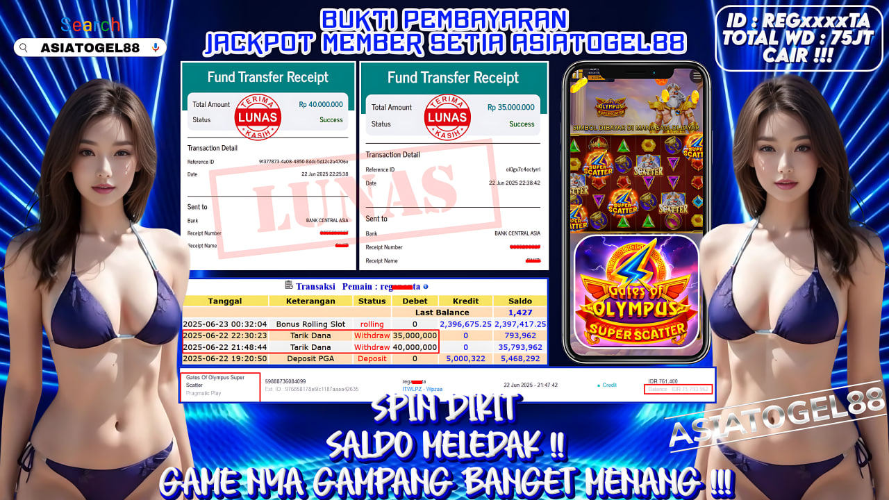 Selamat Atas Kemenangan Besar nya USER ID : REG****TA !! WD Sebesar Rp 75.000.000 (TUJUH PULUH LIMA JUTA RUPIAH ) JACKPOT SLOT DI PERMAINAN GATES OF OLYMPUS SUPER SCATTER - PRAGMATIC PLAY !!