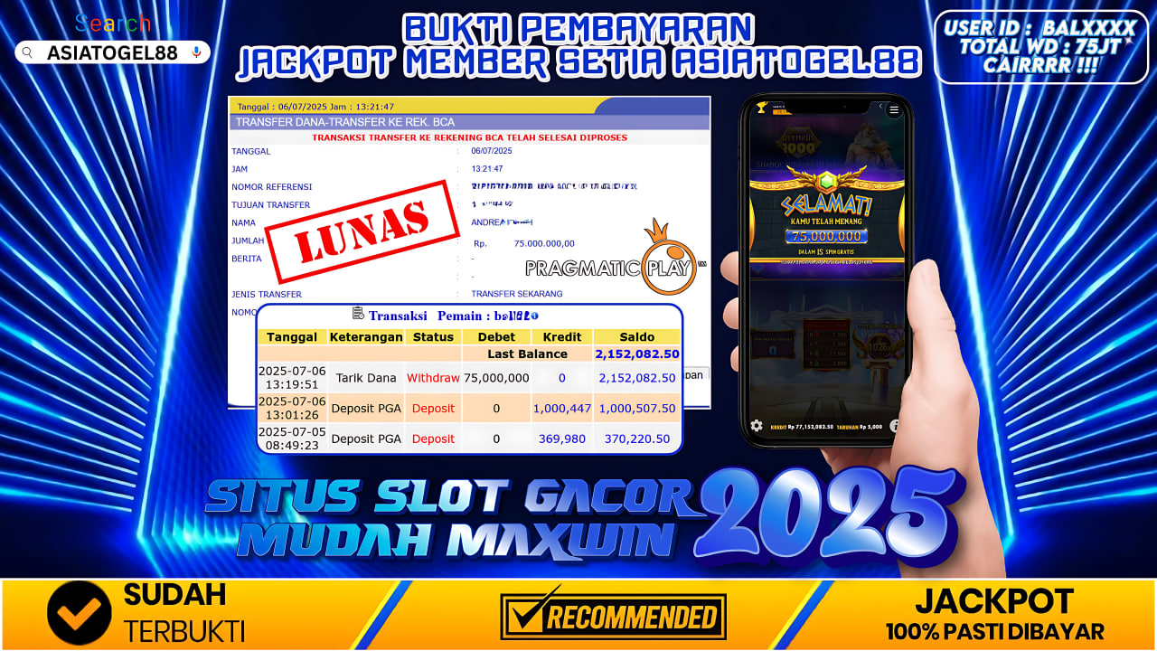 Selamat Atas Kemenangan Besar nya USER ID : BAL***** !! WD Sebesar Rp 75.000.000 ( TUJUH PULUH LIMA JUTA RUPIAH ) JACKPOT SLOT DI PERMAINAN GATES OF OLYMPUS1000 - PRAGMATIC PLAY!!