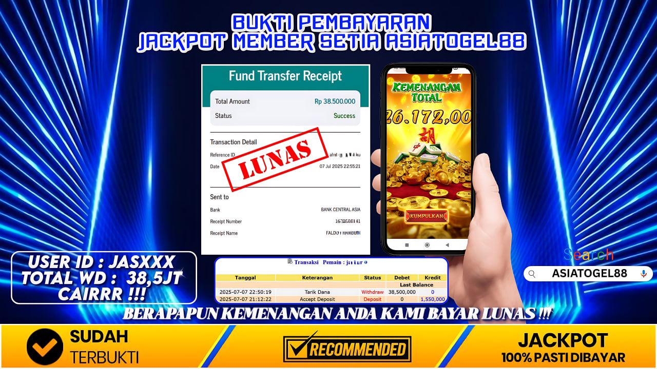 Selamat Atas Kemenangan Besar nya USER ID : JAS***** !! WD Sebesar Rp 38.500.000 (TIGA PULUH DELAPAN JUTA LIMA RATUS RIBU RUPIAH ) JACKPOT SLOT DI PERMAINAN MAHJONG WAYS- PG SOFT!!