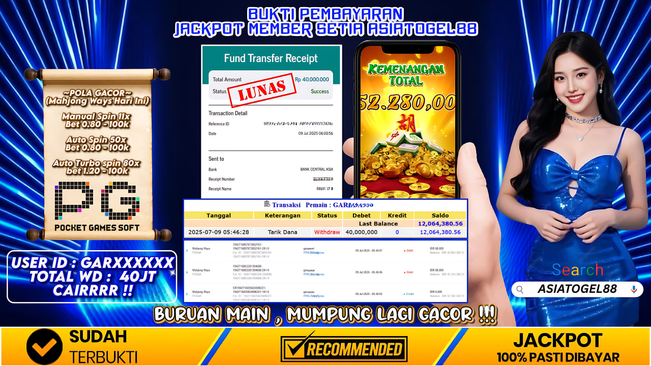 Selamat Atas Kemenangan Besar nya USER ID : GAR***** !! WD Sebesar Rp 40.000.000 (EMPAT PULUH JUTA RUPIAH ) JACKPOT SLOT DI PERMAINAN MAHJONG WAYS- PG SOFT!!