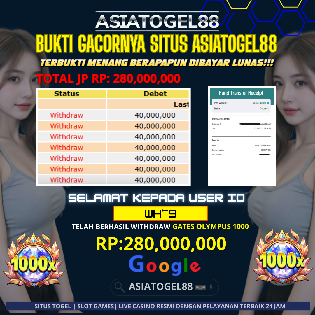 Selamat Atas Kemenangan Besar nya USER ID : WH***9* WD Sebesar Rp 280,000,000 (DUA RATUS DELAPAN PULUH JUTA RUPIAH) JACKPOT SLOT DI PERMAINAN PRAGMATIC PLAY GATES OLYMPUS 1000