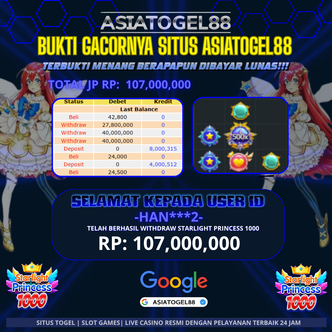 Selamat Atas Kemenangan Besar nya USER ID : -HAN***2- ! WD Sebesar Rp 107,000,000 (SERATUS TUJUH JUTA RUPIAH) JACKPOT PRAGMATIC PLAY STARLIGHT PRINCESS 1000