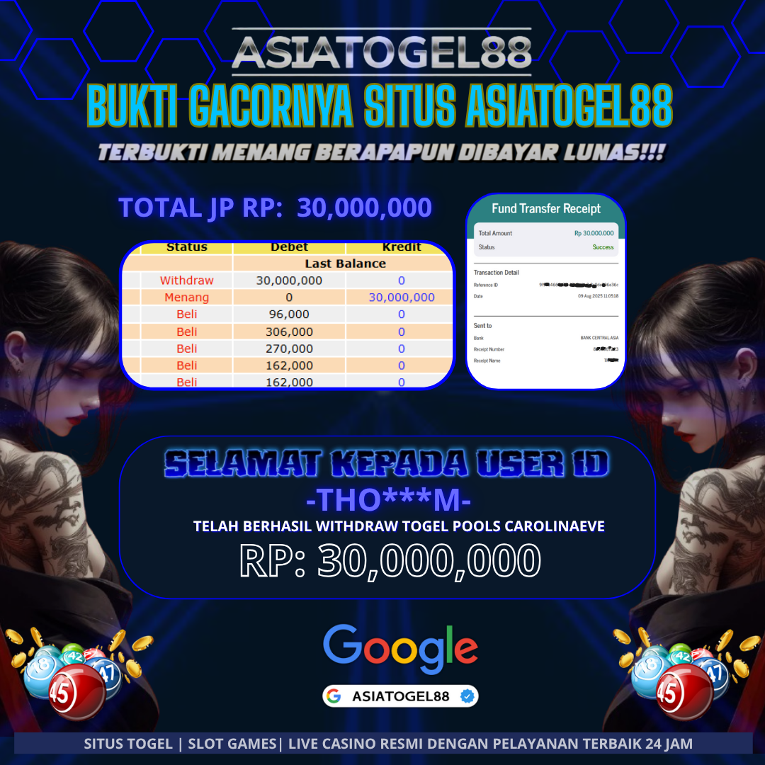Selamat Atas Kemenangan Besar nya USER ID : -THO***M- ! WD Sebesar Rp 30,000,000 (TIGA PULUH JUTA RUPIAH ) JACKPOT TOGEL POOLS CAROLINAEVE