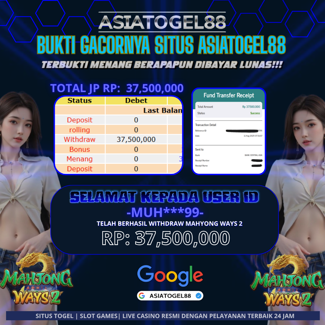 Selamat Atas Kemenangan Besar nya USER ID : MUH**9!! WD Sebesar Rp 37.500.000 (TIGA PULUH TUJUH JUTA LIMA RATUS RIBU RUPIAH ) JACKPOT SLOT DI PERMAINAN MAHJONG WAYS 2- PG SOFT!!