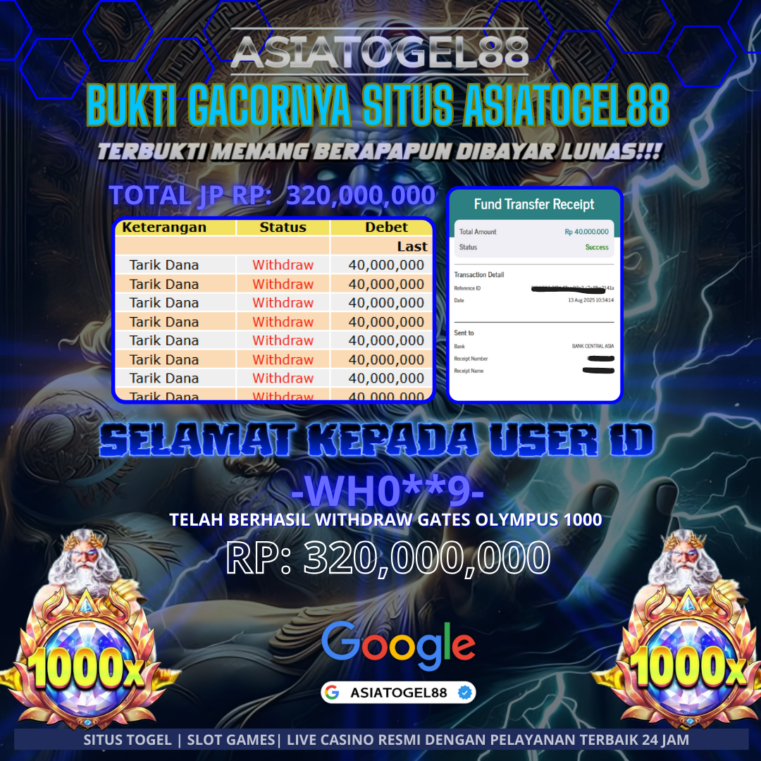Selamat Atas Kemenangan Besar nya USER ID WH0**9 WD Sebesar Rp 320.000.000 (TIGA RATUS DUA PULUH JUTA RUPIAH ) JACKPOT SLOT DI PERMAINAN PRAGMATIC PLAY GATES OLYMPUS 1000!!!