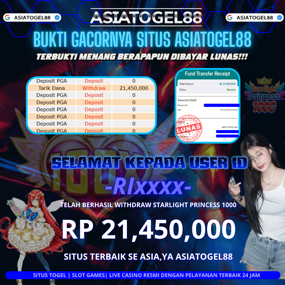 WOW!! Selamat Bossku!! Atas Kemenangan Besar nya di ASIATOGEL88 USER ID :-RIxxxx- ! WD Sebesar Rp 21.450.000 (DUA PULUH SATU JUTA EMPAT RATUS LIMA PULUH RIBU RUPIAH) JACKPOT SLOT DI PERMAINAN STARLIGHT PRINCESS 1000