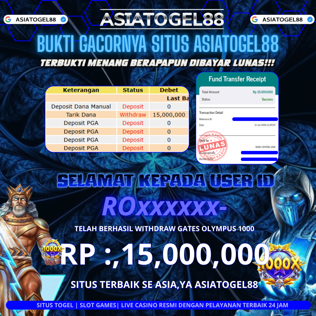 Selamat ya Atas Kemenangan Besar Boskuhh di ASIATOGEL88 USER ID :-ROxxxxxx- ! WD Sebesar Rp 15,000.000 (LIMA BELAS JUTA RUPIAH)  JACKPOT  DI PERMAINAN GATES OF OLYMPUS 1000 ayo mainkan sekarang situs gacor se asia ya ASIATOGEL88