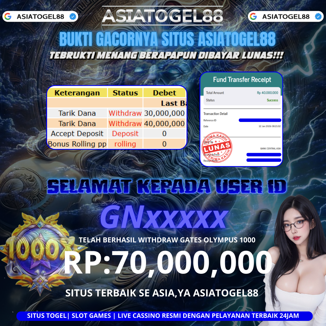 Selamat ya Atas Kemenangan Besar Boskuhh di ASIATOGEL88 USER ID :-GNxxxxxx- ! WD Sebesar Rp 70,000.000 (TUJH PULUH JUTA RUPIAH)  JACKPOT  DI PERMAINAN GATES OF OLYMPUS 1000 ayo mainkan sekarang situs gacor se asia ya ASIATOGEL88