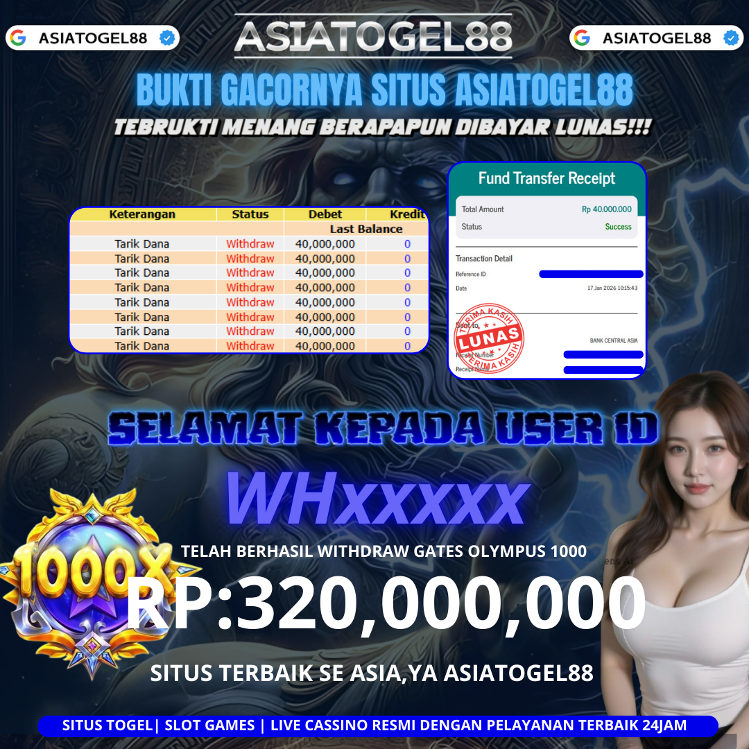 Selamat ya Atas Kemenangan Besar Boskuhh di ASIATOGEL88 USER ID :-WHxxxxxx- ! WD Sebesar Rp 320,000.000 (TIGA RATUS DUA PULUH JUTA RUPIAH)  JACKPOT  DI PERMAINAN GATES OF OLYMPUS 1000 ayo mainkan sekarang situs gacor se asia ya ASIATOGEL88