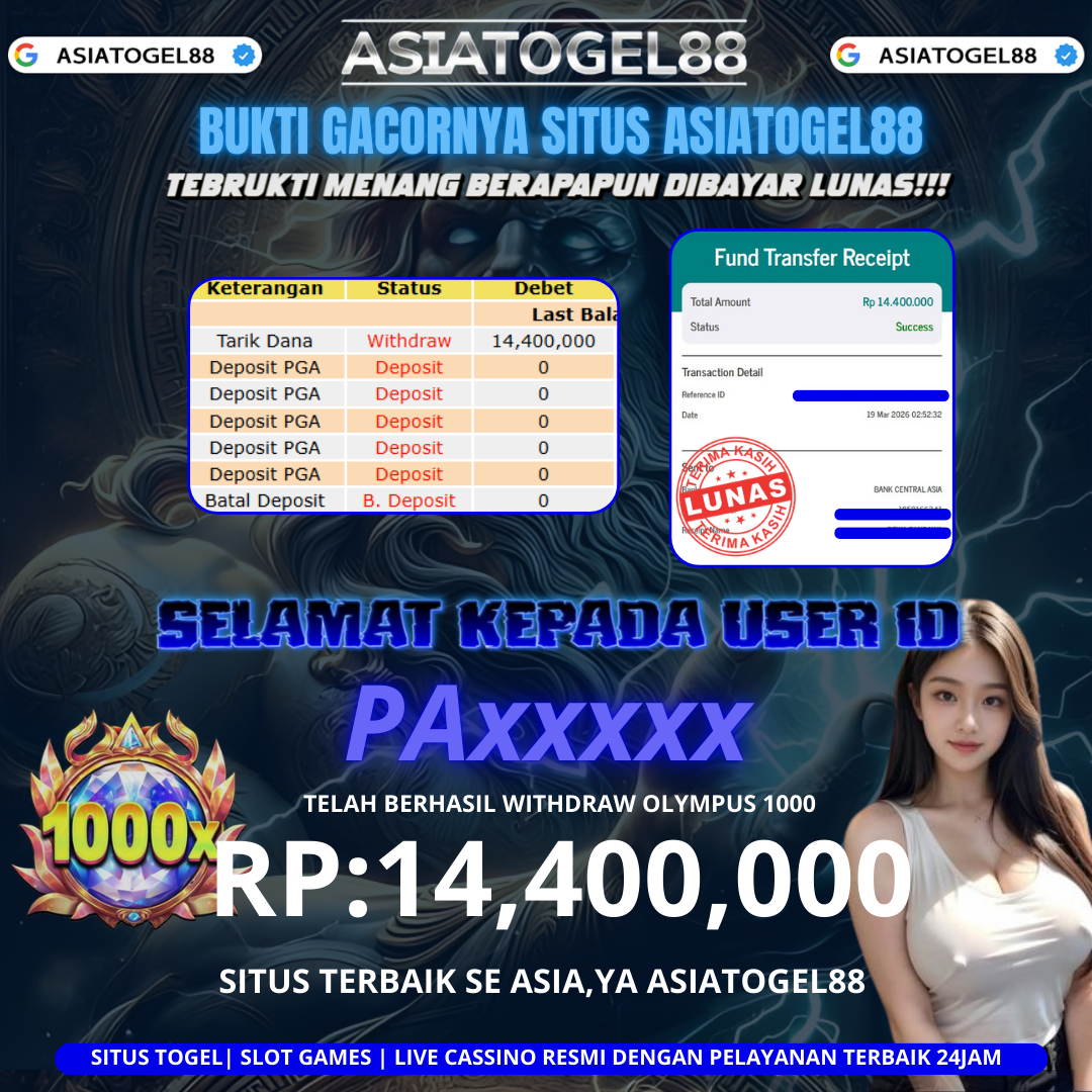 Selamat ya Atas Kemenangan Besar Boskuhh di ASIATOGEL88 USER ID :-PAxxxxxx- ! WD Sebesar Rp 14,400,000 ( EMPAT BELAS JUTA EMPAT RATUS RIBU RUPIAH )  JACKPOT  DI PERMAINAN GATES OLYMPUS 1000 ayo mainkan sekarang situs gacor se asia ya ASIATOGEL88