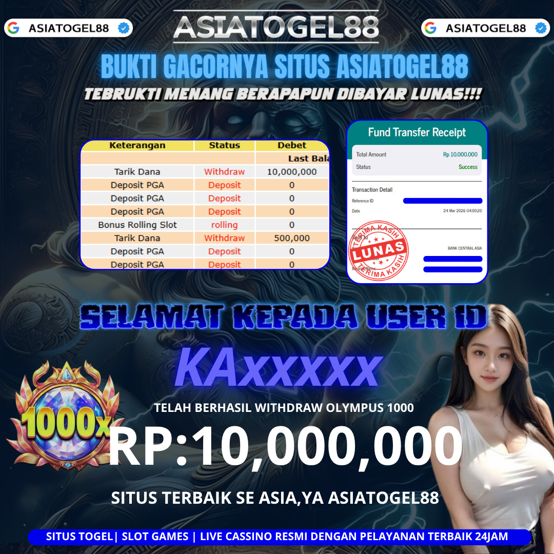 Selamat ya Atas Kemenangan Besar Boskuhh di ASIATOGEL88 USER ID :-KAxxxxxx- ! WD Sebesar Rp 10,000,000 (  SEPULUH JUTA RUPIAH)  JACKPOT  DI PERMAINAN GATES OLYMPUS 1000 ayo mainkan sekarang situs gacor se asia ya ASIATOGEL88
