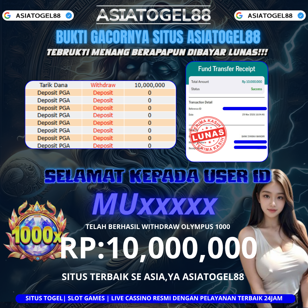 Selamat ya Atas Kemenangan Besar Boskuhh di ASIATOGEL88 USER ID :-MUxxxxxx- ! WD Sebesar Rp 10,000,000 (  SEPULUH JUTA RUPIAH)  JACKPOT  DI PERMAINAN GATES OLYMPUS 1000 ayo mainkan sekarang situs gacor se asia ya ASIATOGEL88
