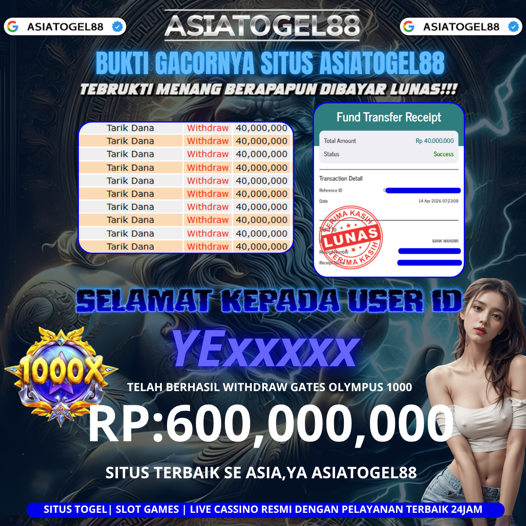 Selamat ya Atas Kemenangan Besar Boskuhh di ASIATOGEL88 USER ID :-YExxxxxx- ! WD Sebesar Rp 600,000,000 (  ENAM RATUS JUTA RUPIAH)  JACKPOT  DI PERMAINAN GATES OLYMPUS 1000 ayo mainkan sekarang situs gacor se asia ya ASIATOGEL88